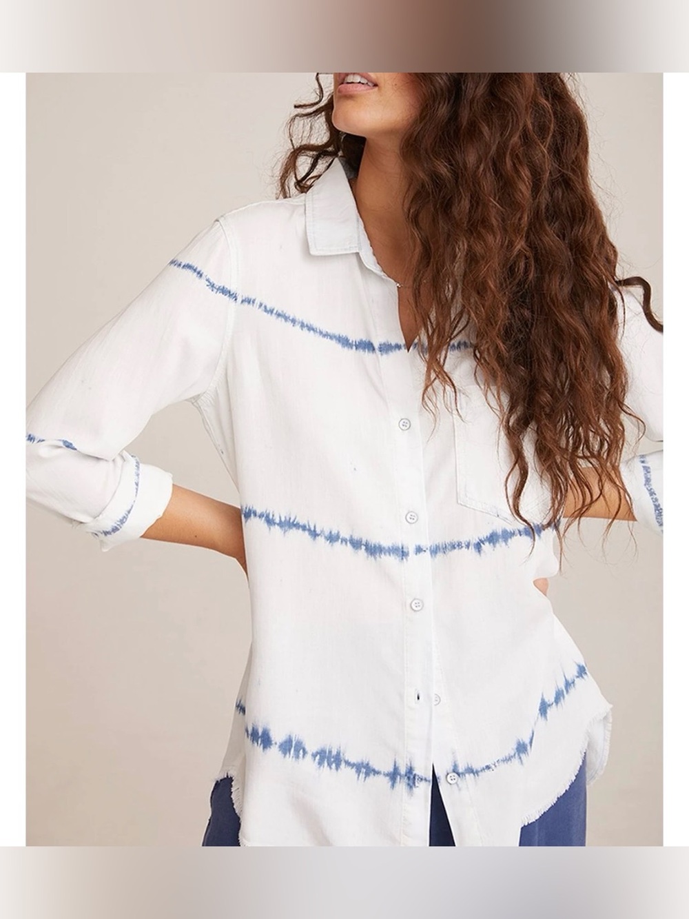 Bella Dahl White Button-Down Shirt with Blue Tie-Dye Stripes Size S